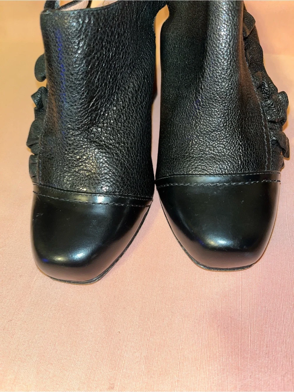 Women’s Black Soft Leather Ruffle Heel Booties